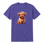 A purple short-sleeve crewneck t-shirt for adult featuring a graphic of a farm animal on the front.