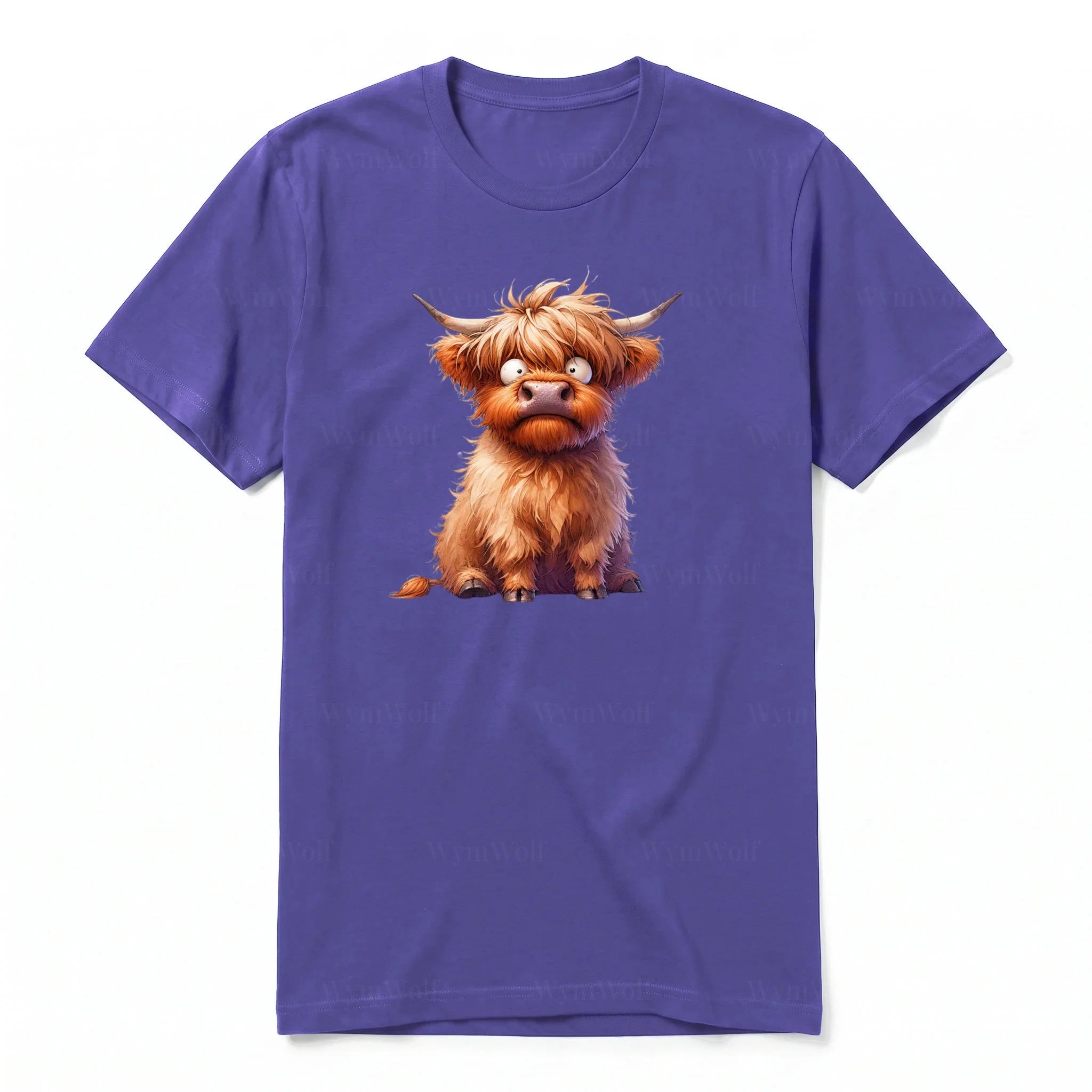 A purple short-sleeve crewneck t-shirt for adult featuring a graphic of a farm animal on the front.