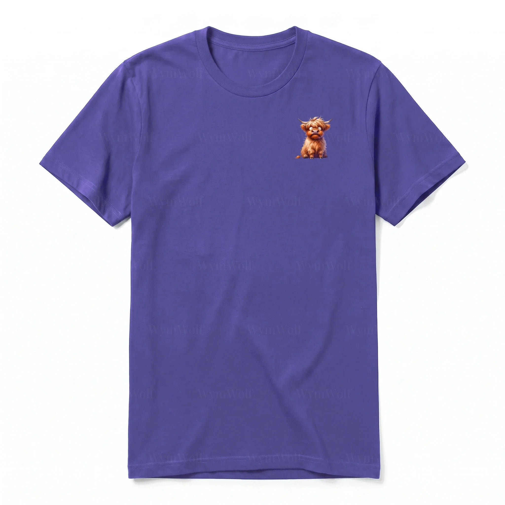 A purple short-sleeve crewneck t-shirt for adult featuring a graphic of a farm animal on the left chest.