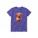 A purple short-sleeve crewneck t-shirt for youth featuring a graphic of a farm animal on the front.