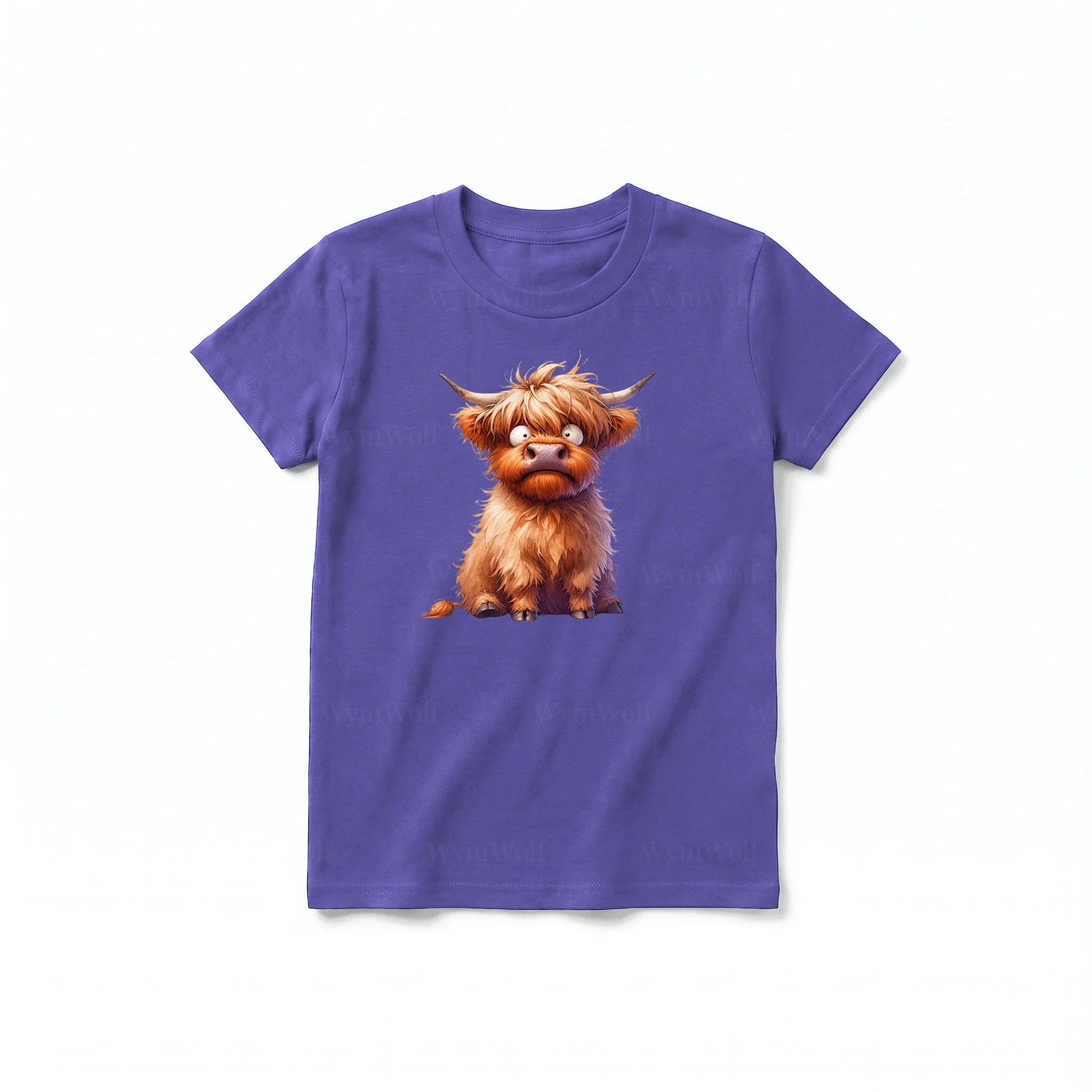 A purple short-sleeve crewneck t-shirt for youth featuring a graphic of a farm animal on the front.