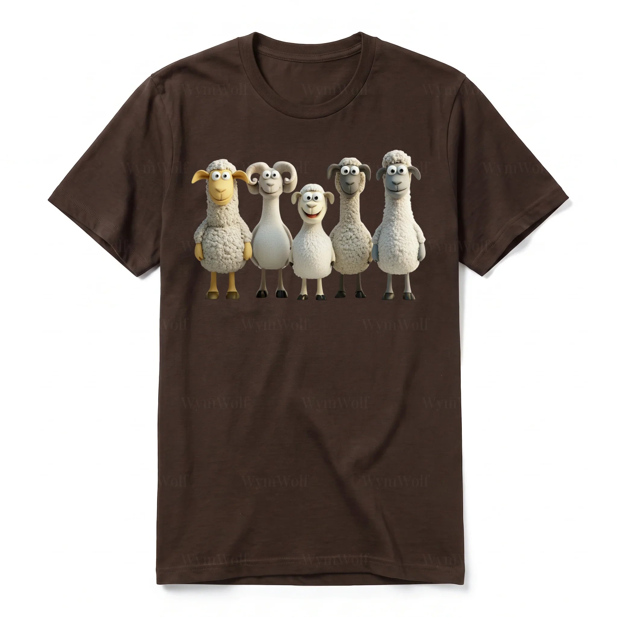 Un T-shirt chocolat à manches courtes et col rond, orné d'un motif représentant un animal de la ferme sur le devant.