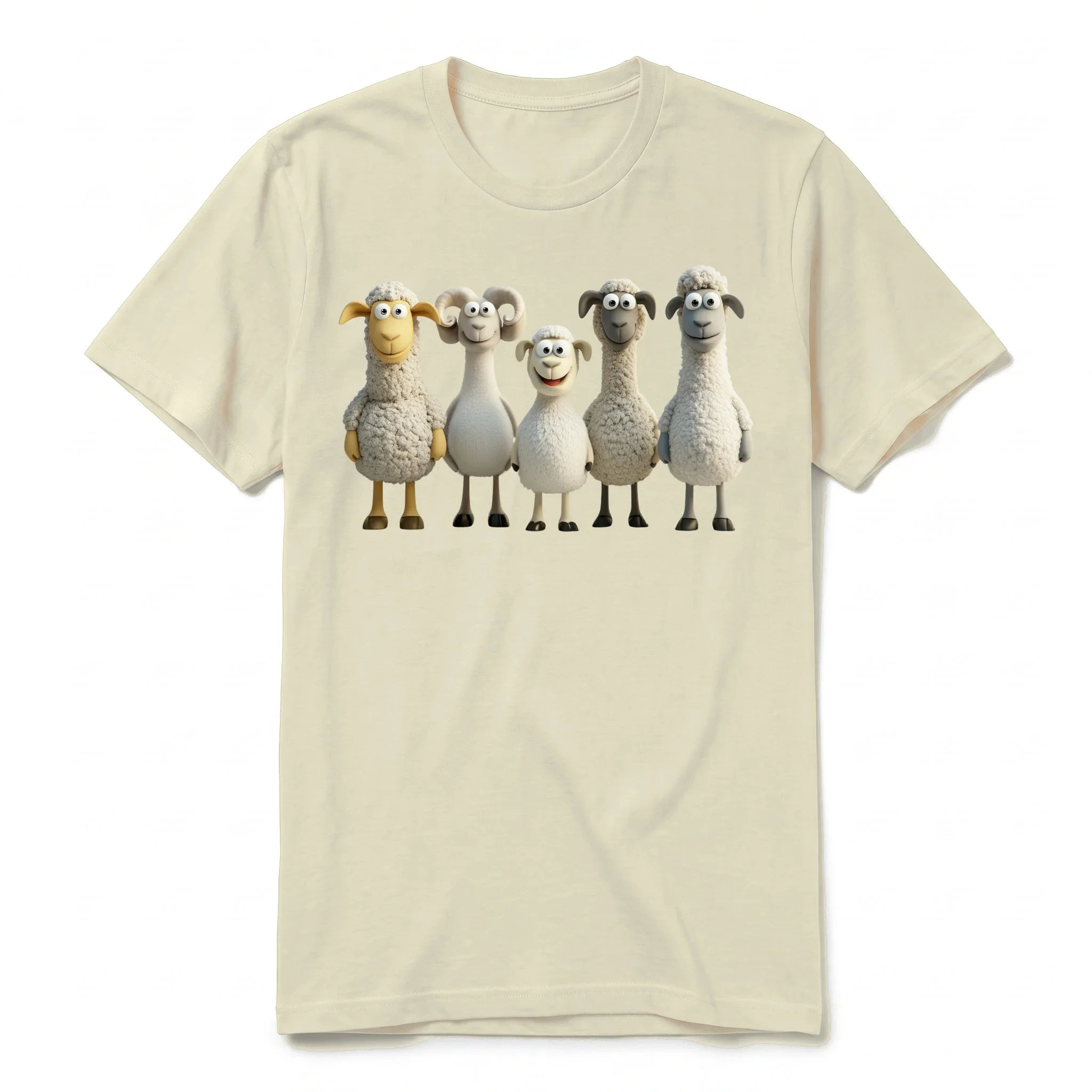 Un T-shirt latte à manches courtes et col rond, orné d'un motif représentant un animal de la ferme sur le devant.