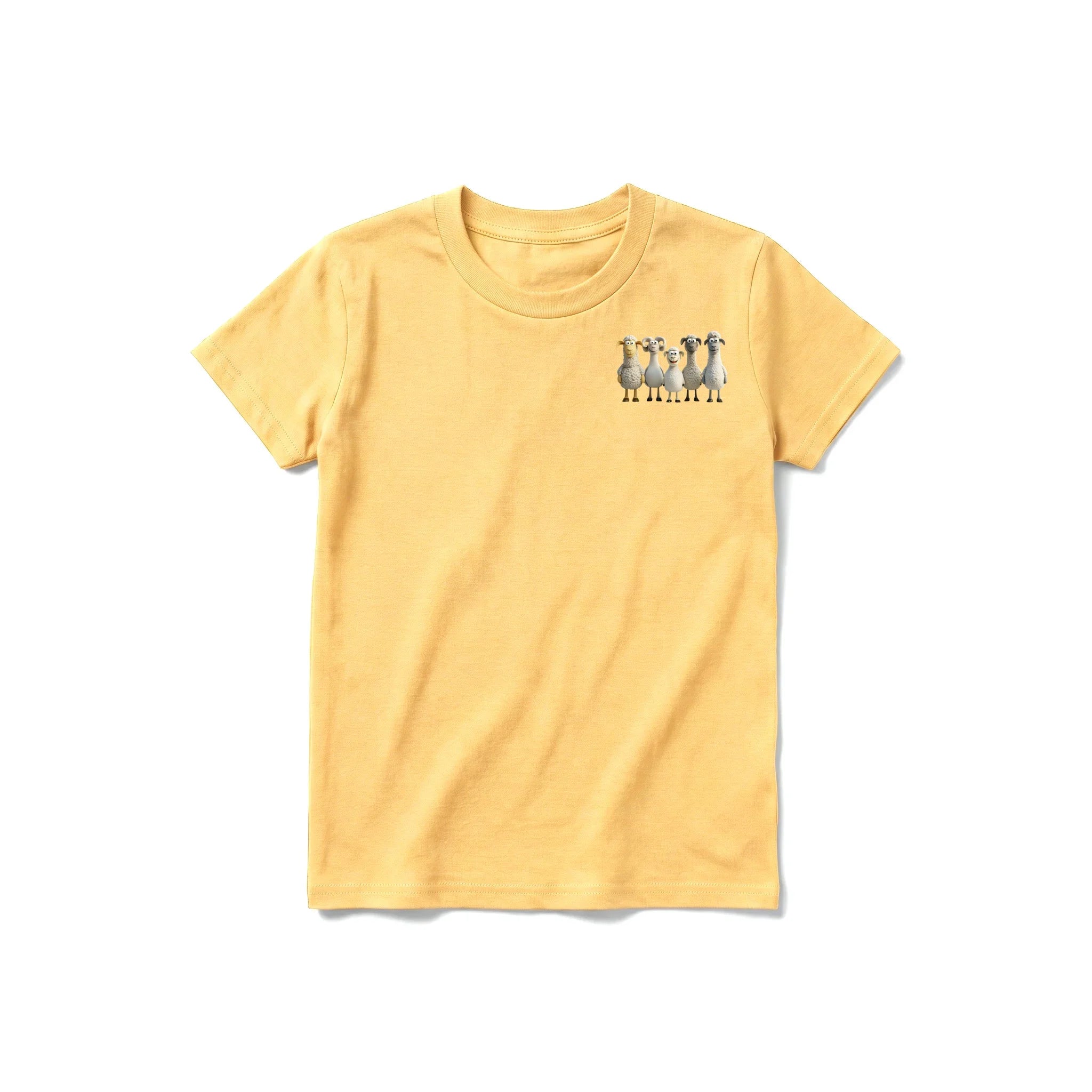 Un T-shirt moutarde à manches courtes et col rond pour jeune, orné d'un motif représentant un animal de la ferme sur la poitrine gauche.