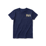 Un T-shirt marine à manches courtes et col rond pour jeune, orné d'un motif représentant un animal de la ferme sur la poitrine gauche.