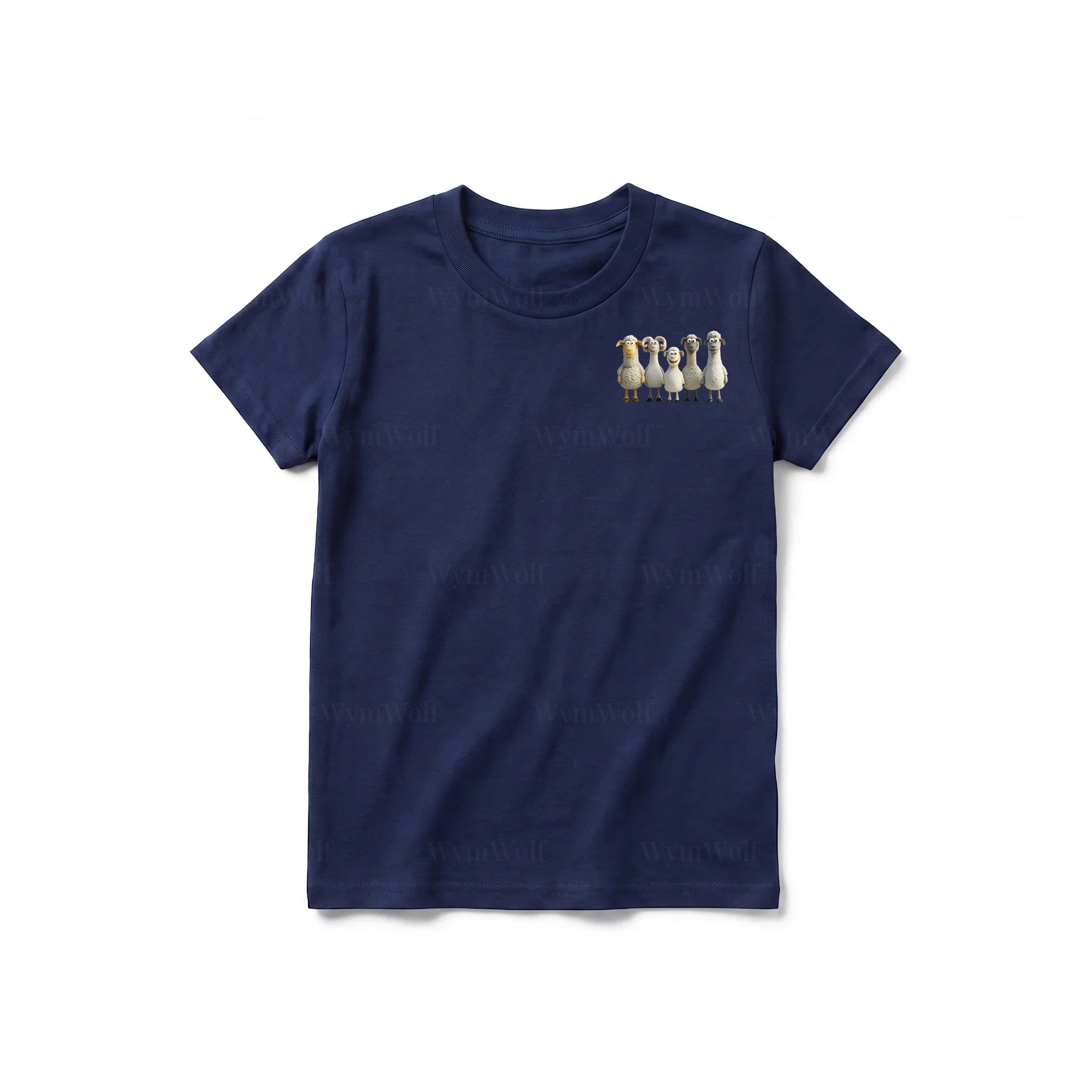 Un T-shirt marine à manches courtes et col rond pour jeune, orné d'un motif représentant un animal de la ferme sur la poitrine gauche.