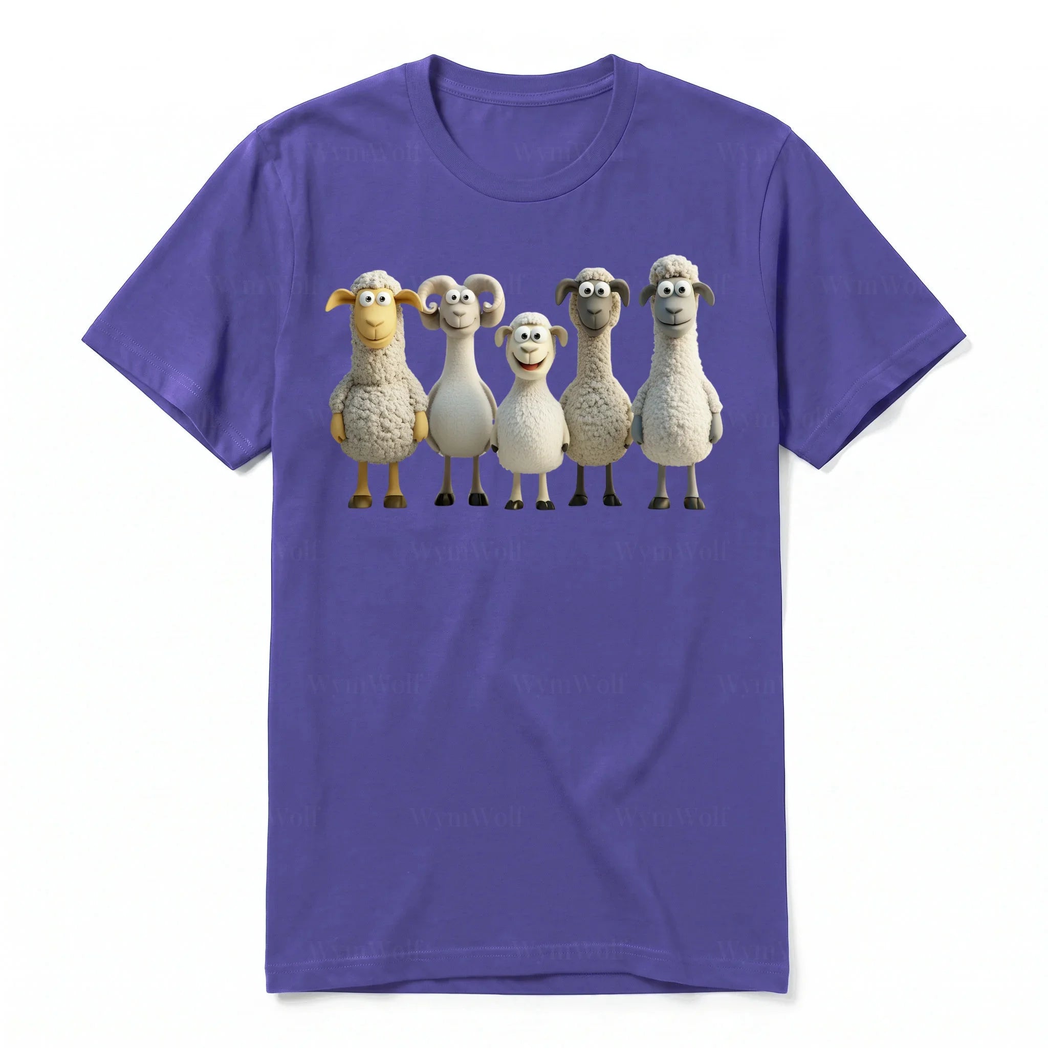 Un T-shirt violet à manches courtes et col rond, orné d'un motif représentant un animal de la ferme sur le devant.