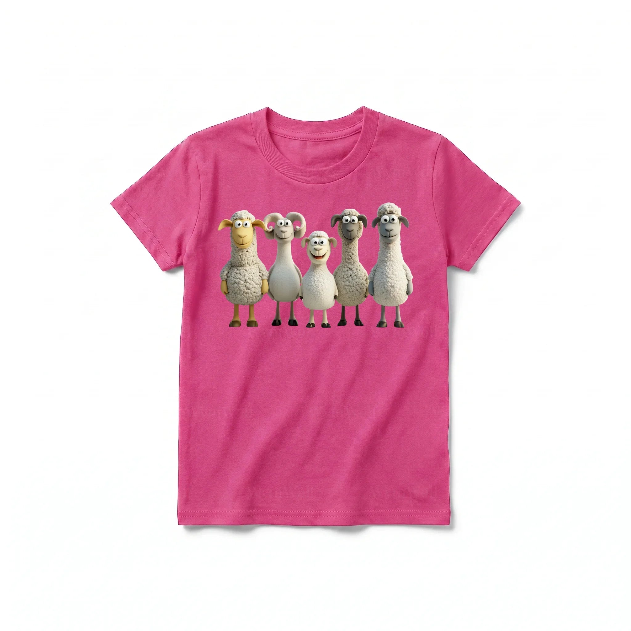 Un T-shirt framboise à manches courtes et col rond pour jeune, orné d'un motif représentant un animal de la ferme sur le devant.