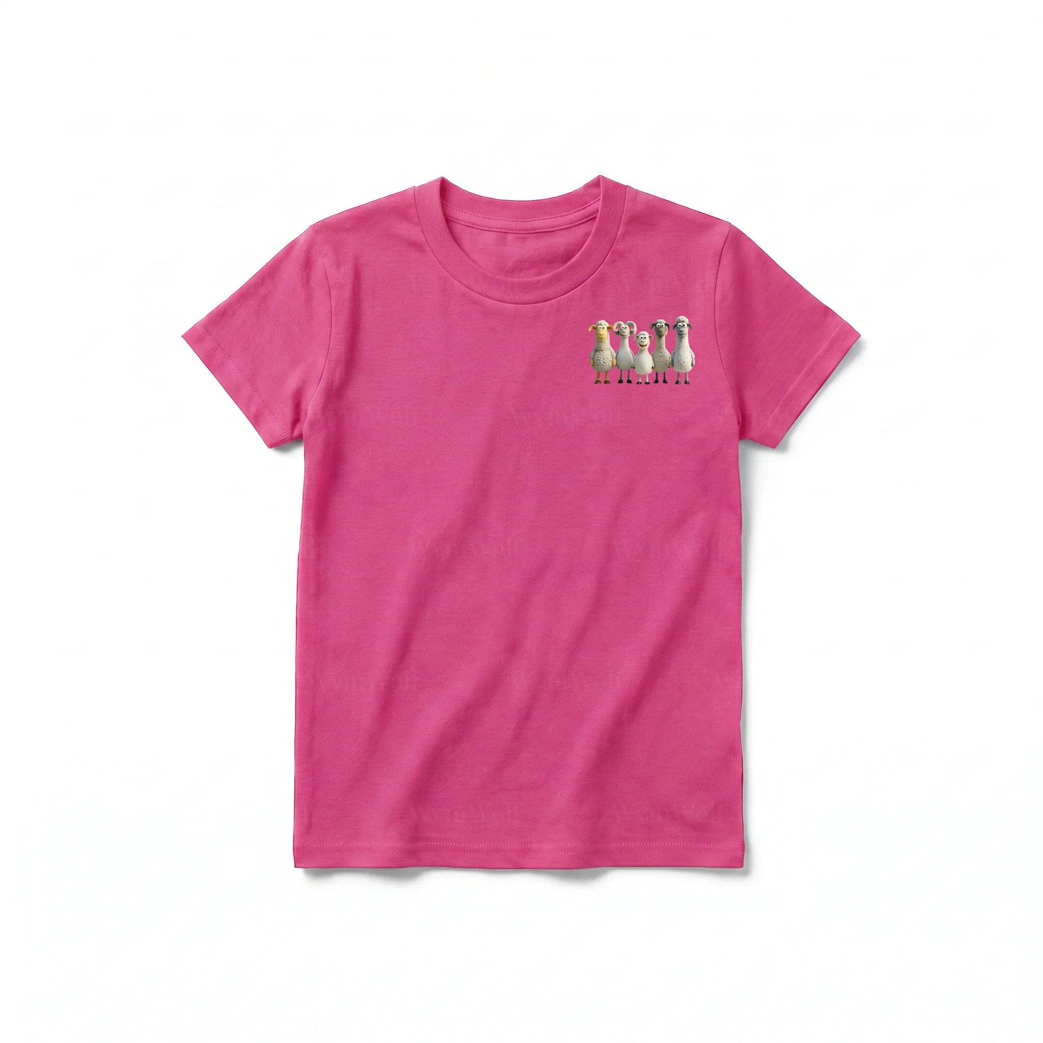 Un T-shirt framboise à manches courtes et col rond pour jeune, orné d'un motif représentant un animal de la ferme sur la poitrine gauche.