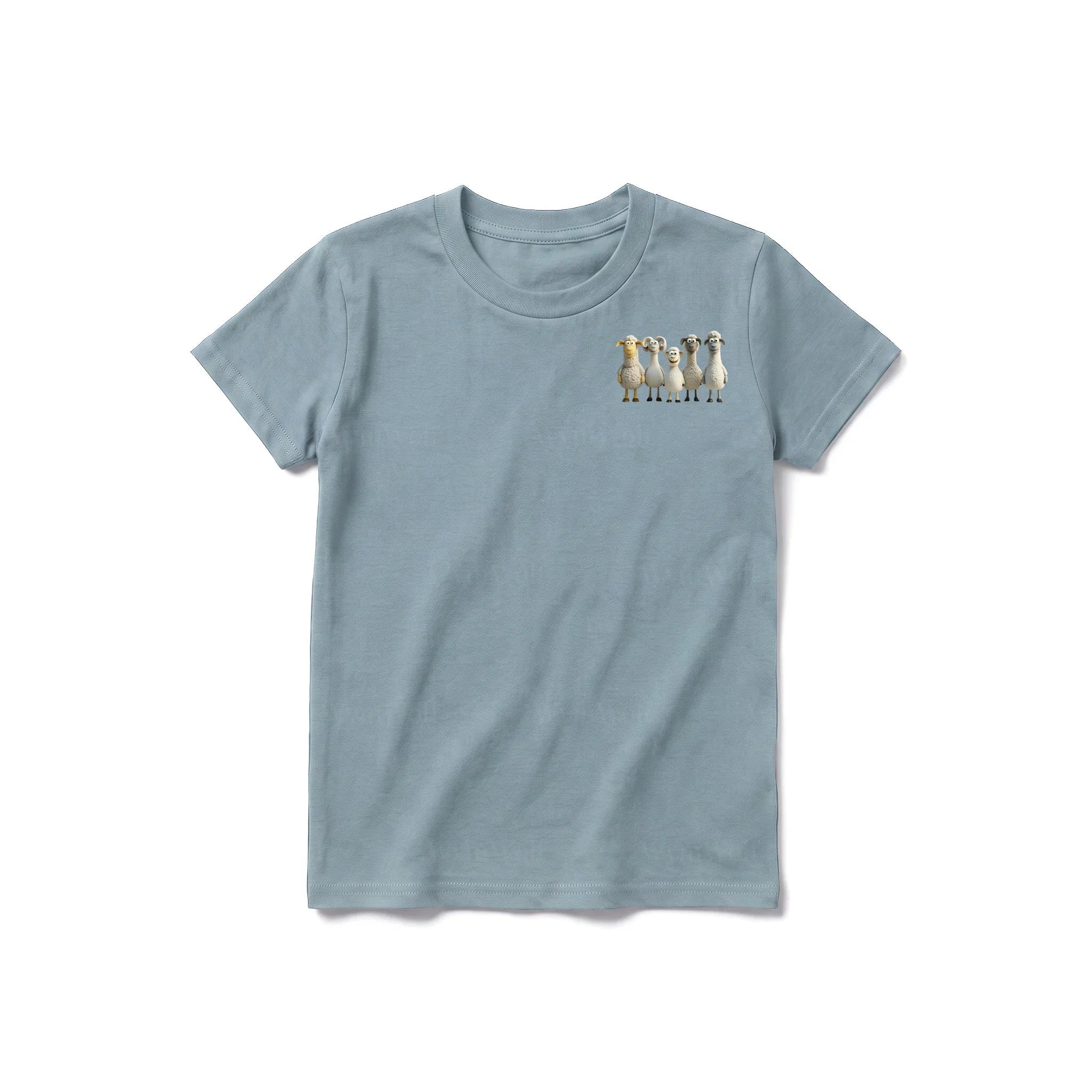 Un T-shirt sauge à manches courtes et col rond pour jeune, orné d'un motif représentant un animal de la ferme sur la poitrine gauche.