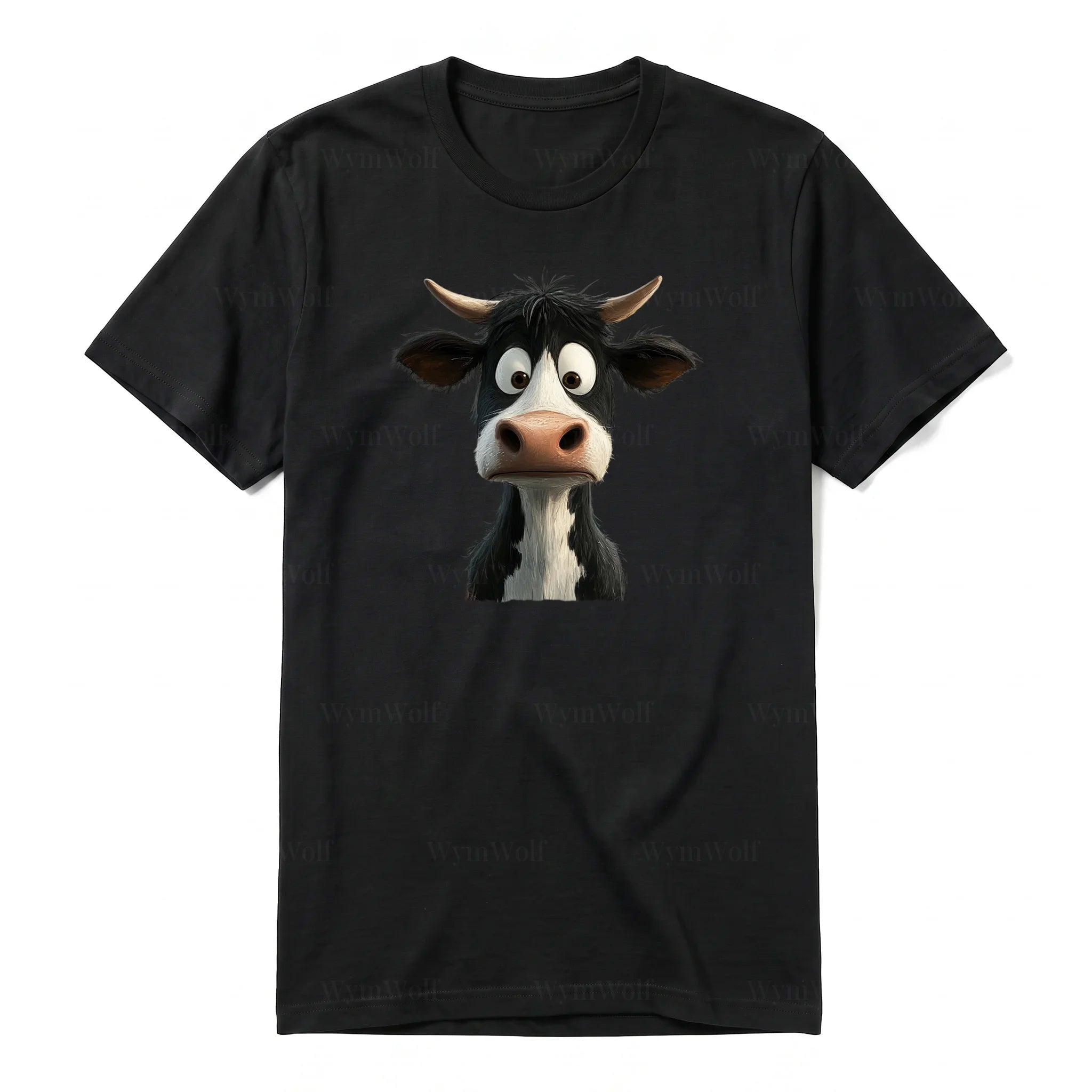 A black short-sleeve crewneck t-shirt for adult featuring a graphic of a farm animal on the front.