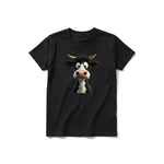 A black short-sleeve crewneck t-shirt for youth featuring a graphic of a farm animal on the front.