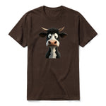 A chocolate short-sleeve crewneck t-shirt for adult featuring a graphic of a farm animal on the front.