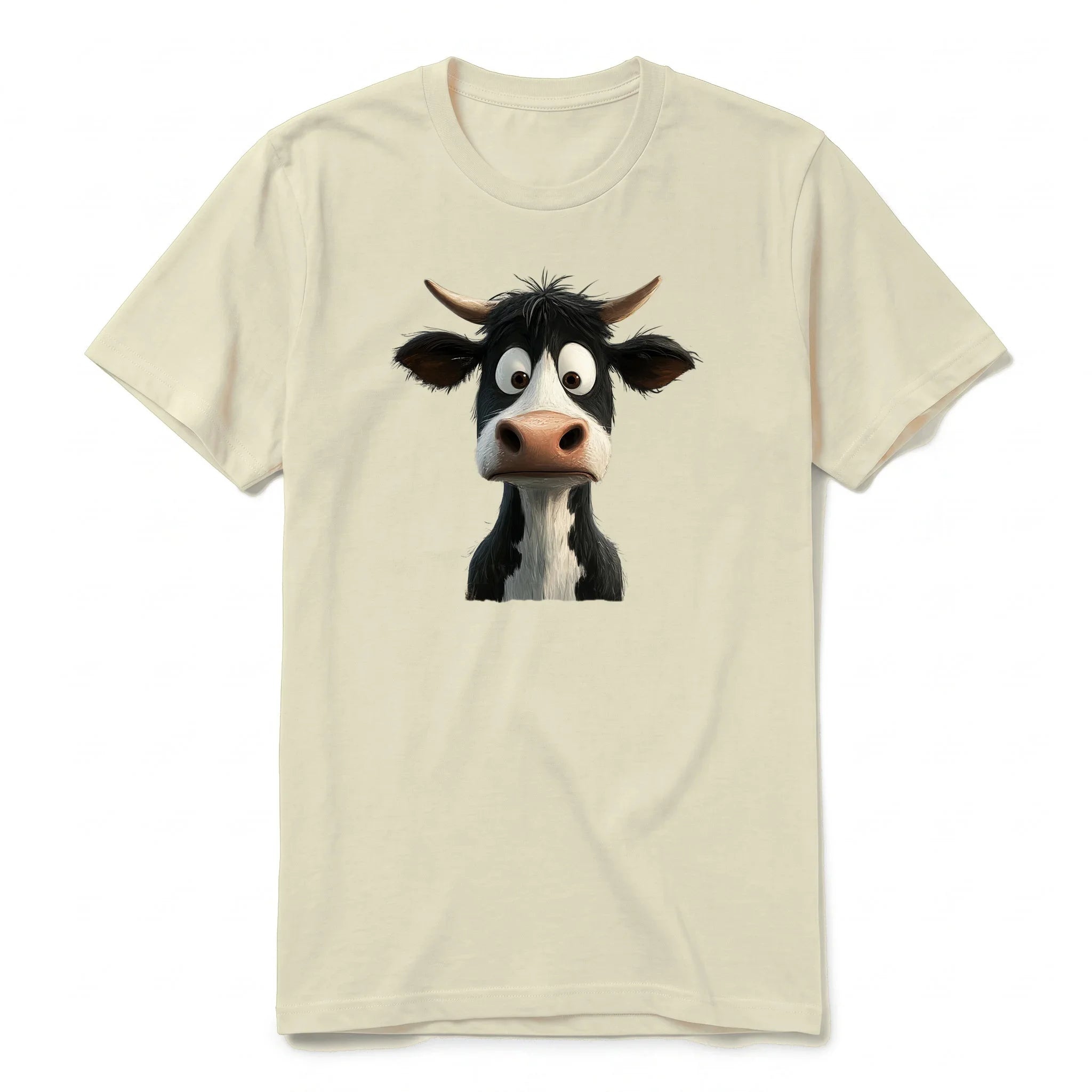 Un T-shirt latte à manches courtes et col rond, orné d'un motif représentant un animal de la ferme sur le devant.