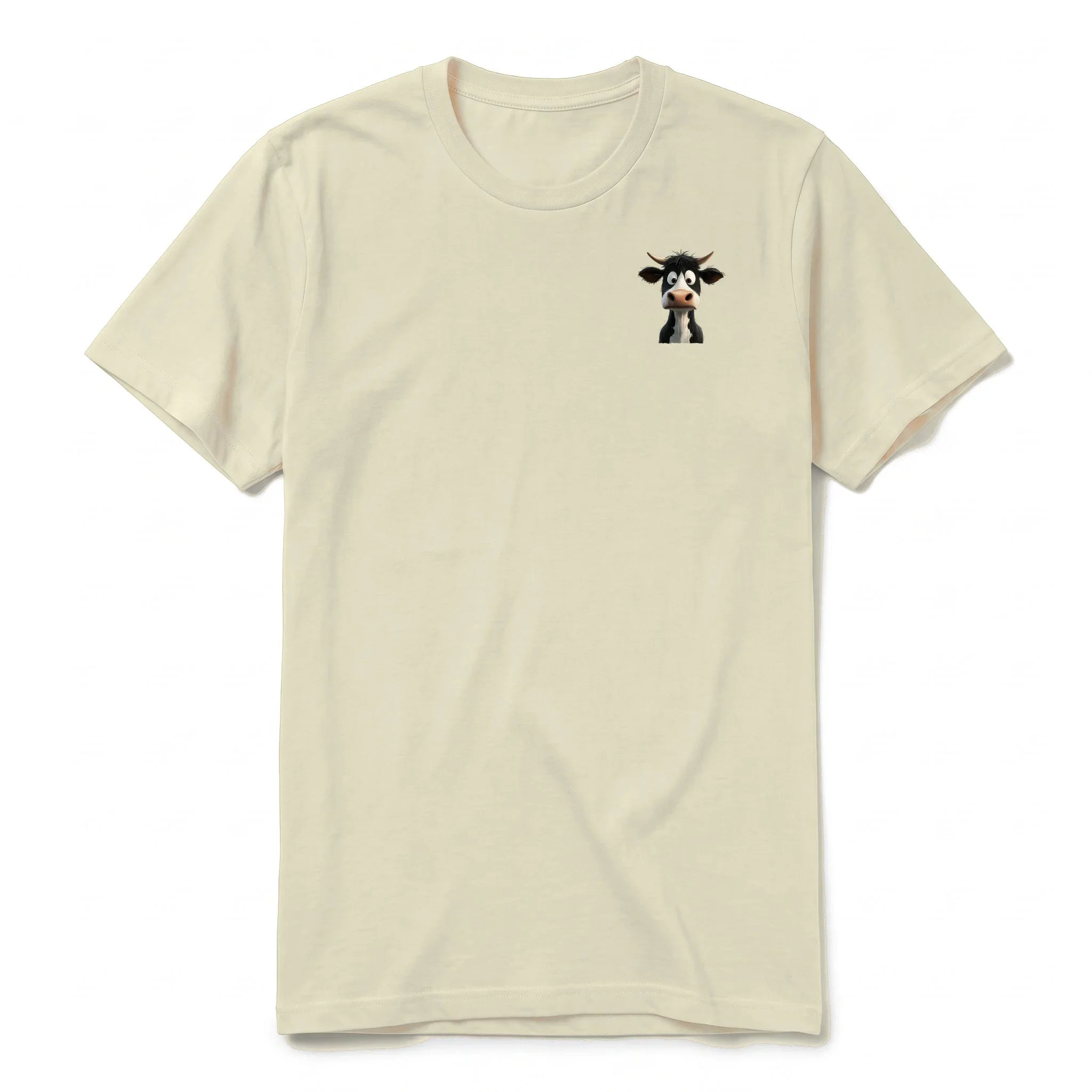 Un T-shirt latte à manches courtes et col rond, orné d'un motif représentant un animal de la ferme sur la poitrine gauche.