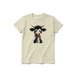 Un T-shirt latte à manches courtes et col rond pour jeune, orné d'un motif représentant un animal de la ferme sur le devant.