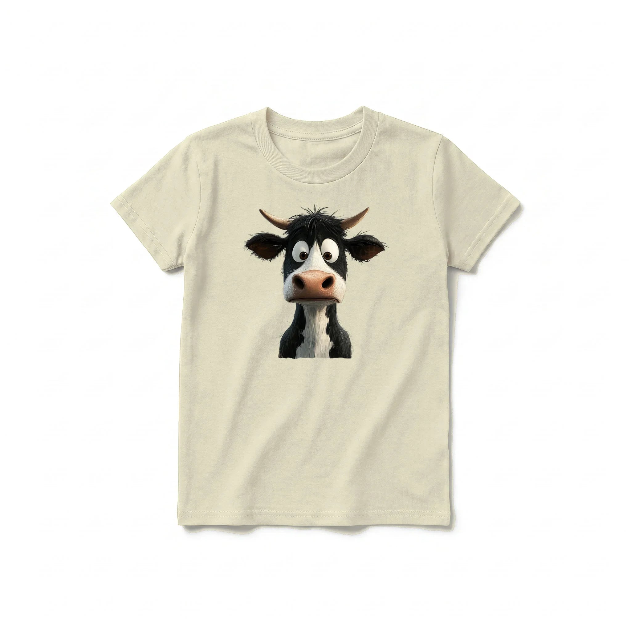 Un T-shirt latte à manches courtes et col rond pour jeune, orné d'un motif représentant un animal de la ferme sur le devant.