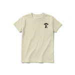 Un T-shirt latte à manches courtes et col rond pour jeune, orné d'un motif représentant un animal de la ferme sur la poitrine gauche.
