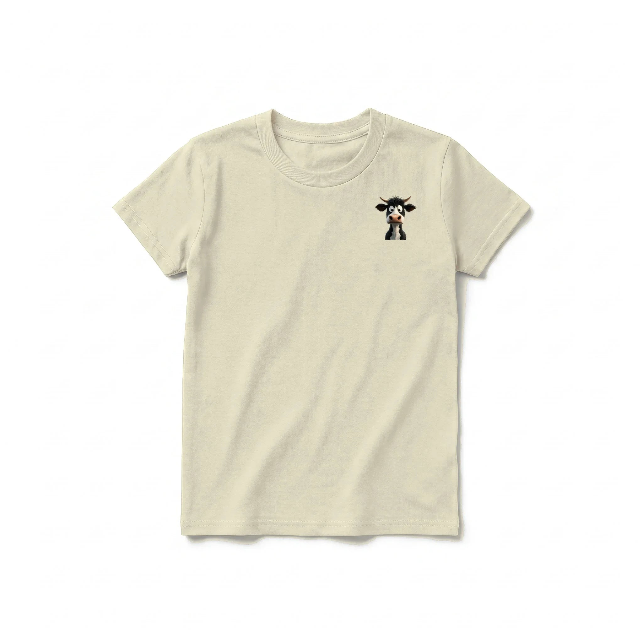 Un T-shirt latte à manches courtes et col rond pour jeune, orné d'un motif représentant un animal de la ferme sur la poitrine gauche.