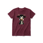 A maroon short-sleeve crewneck t-shirt for youth featuring a graphic of a farm animal on the front.