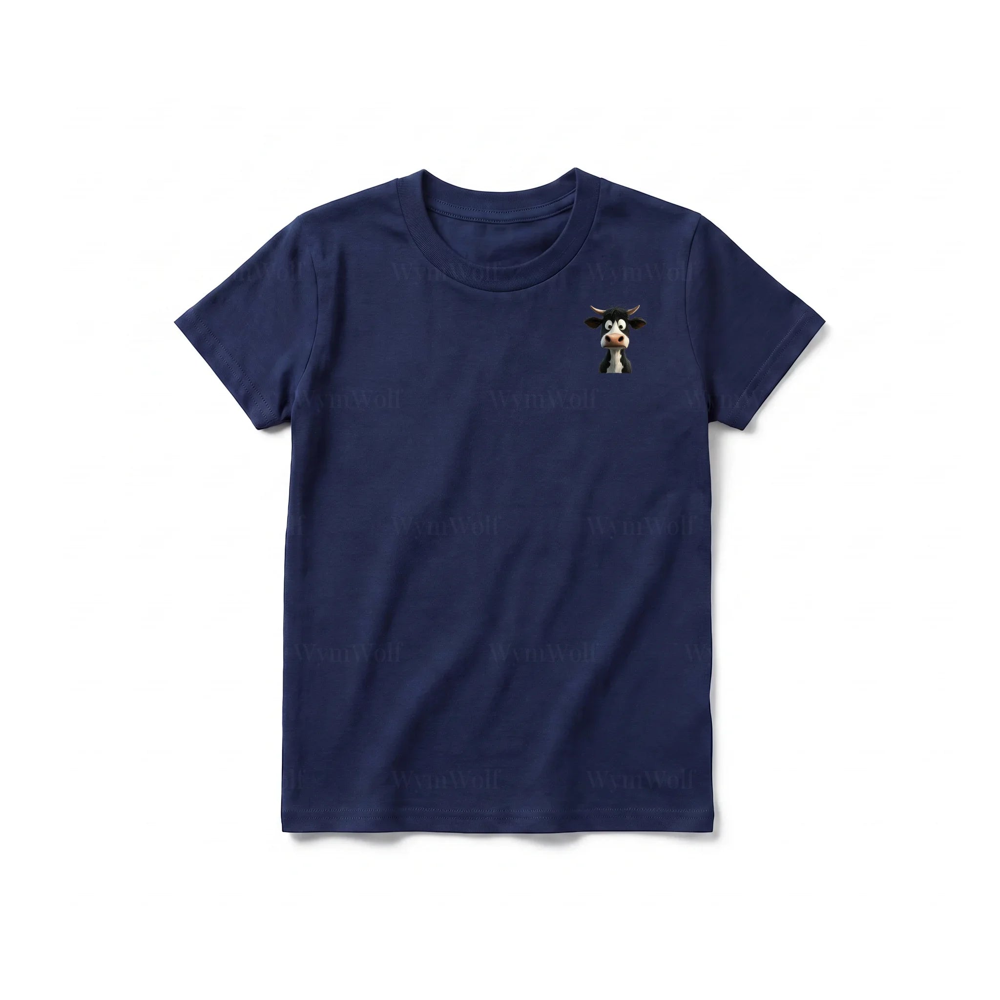 A navy short-sleeve crewneck t-shirt for youth featuring a graphic of a farm animal on the left chest.