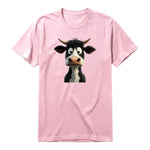 A pink short-sleeve crewneck t-shirt for adult featuring a graphic of a farm animal on the front.