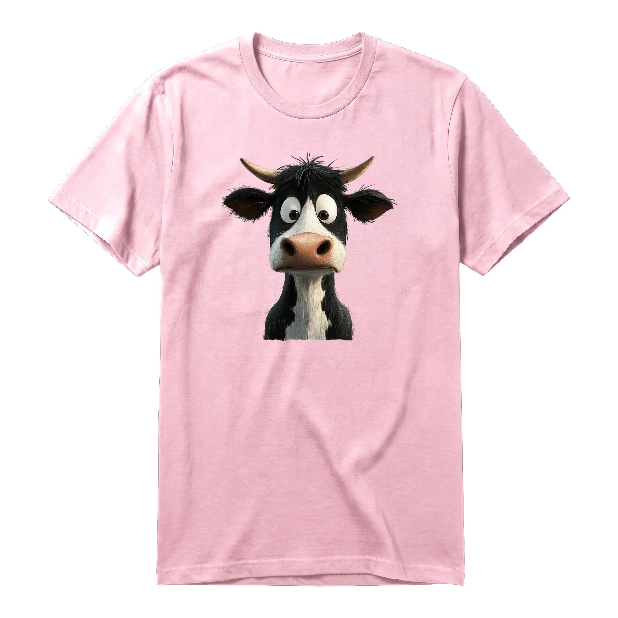 A pink short-sleeve crewneck t-shirt for adult featuring a graphic of a farm animal on the front.