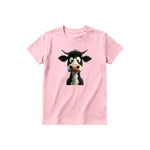 A pink short-sleeve crewneck t-shirt for youth featuring a graphic of a farm animal on the front.