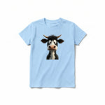 Un T-shirt poudre à manches courtes et col rond pour jeune, orné d'un motif représentant un animal de la ferme sur le devant.