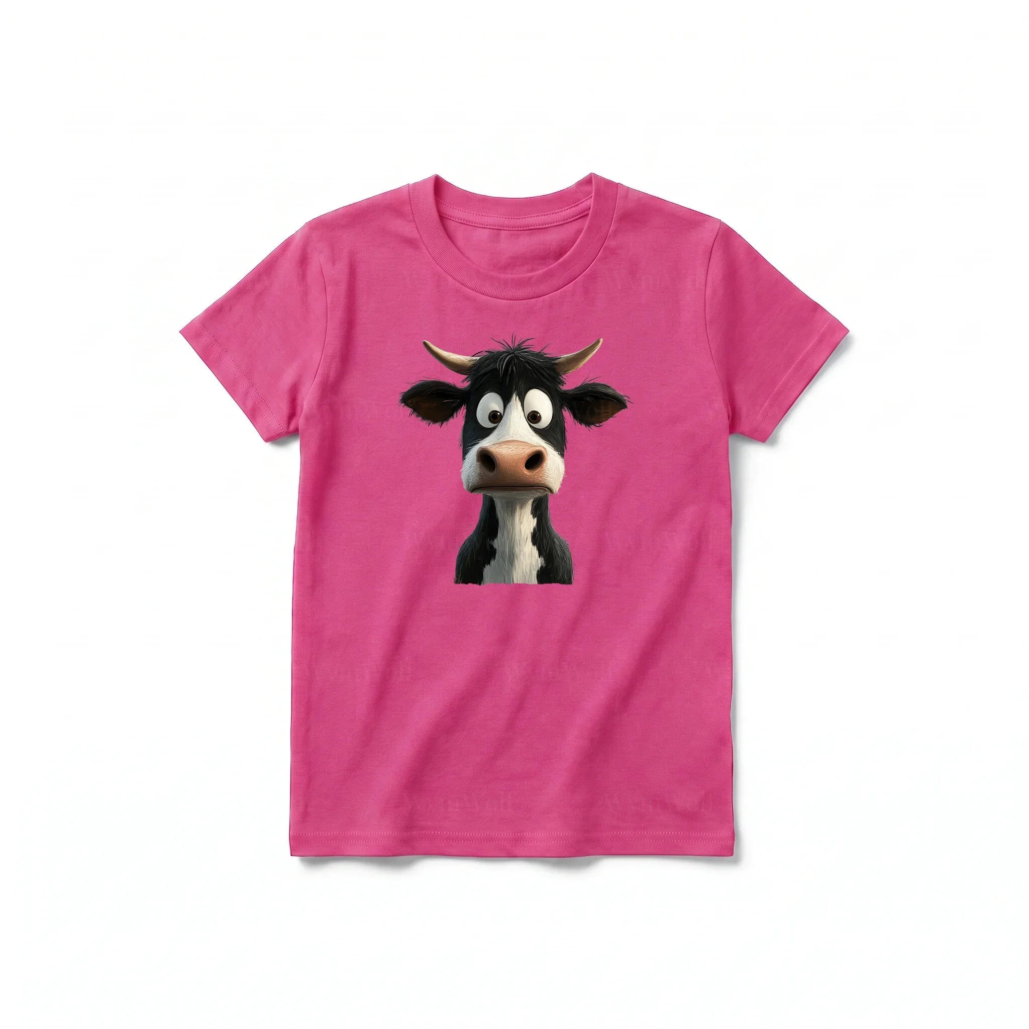 A raspberry short-sleeve crewneck t-shirt for youth featuring a graphic of a farm animal on the front.