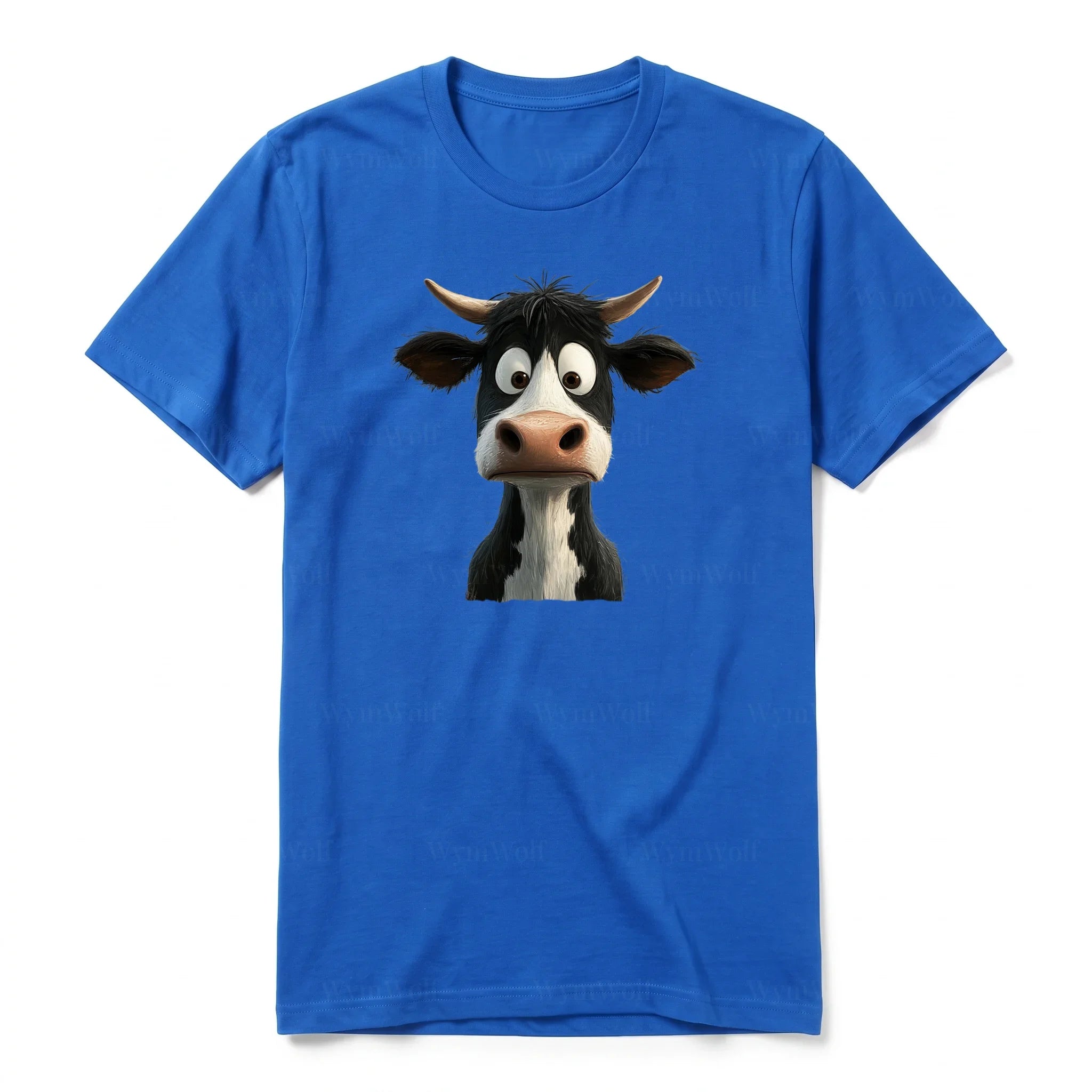 A royal short-sleeve crewneck t-shirt for adult featuring a graphic of a farm animal on the front.