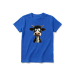 A royal short-sleeve crewneck t-shirt for youth featuring a graphic of a farm animal on the front.