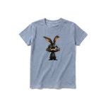 Un T-shirt steel-blue à manches courtes et col rond pour jeune, orné d'un motif représentant un animal de la ferme sur le devant.