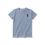 Un T-shirt steel-blue à manches courtes et col rond pour jeune, orné d'un motif représentant un animal de la ferme sur la poitrine gauche.