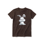 A chocolate short-sleeve crewneck t-shirt for youth featuring a graphic of a farm animal on the front.