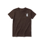A chocolate short-sleeve crewneck t-shirt for youth featuring a graphic of a farm animal on the left chest.