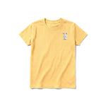 A mustard short-sleeve crewneck t-shirt for youth featuring a graphic of a farm animal on the left chest.
