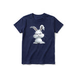 A navy short-sleeve crewneck t-shirt for youth featuring a graphic of a farm animal on the front.