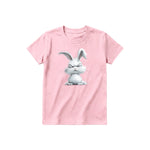 A pink short-sleeve crewneck t-shirt for youth featuring a graphic of a farm animal on the front.