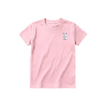 A pink short-sleeve crewneck t-shirt for youth featuring a graphic of a farm animal on the left chest.