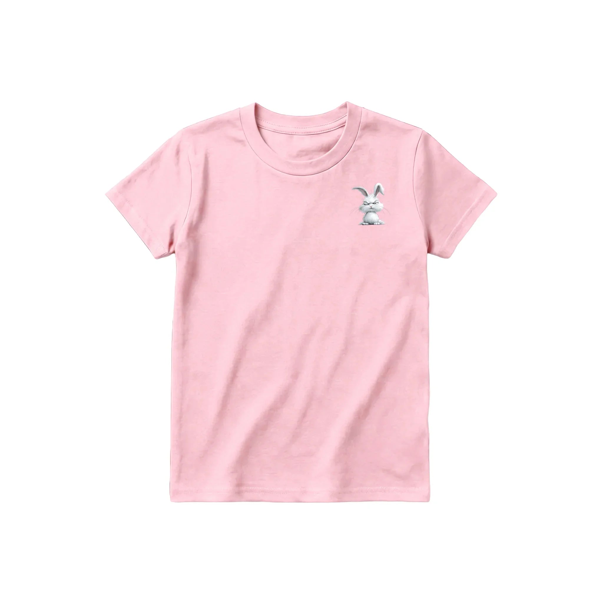 A pink short-sleeve crewneck t-shirt for youth featuring a graphic of a farm animal on the left chest.