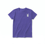 A purple short-sleeve crewneck t-shirt for youth featuring a graphic of a farm animal on the left chest.