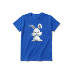 Un T-shirt royal à manches courtes et col rond pour jeune, orné d'un motif représentant un animal de la ferme sur le devant.