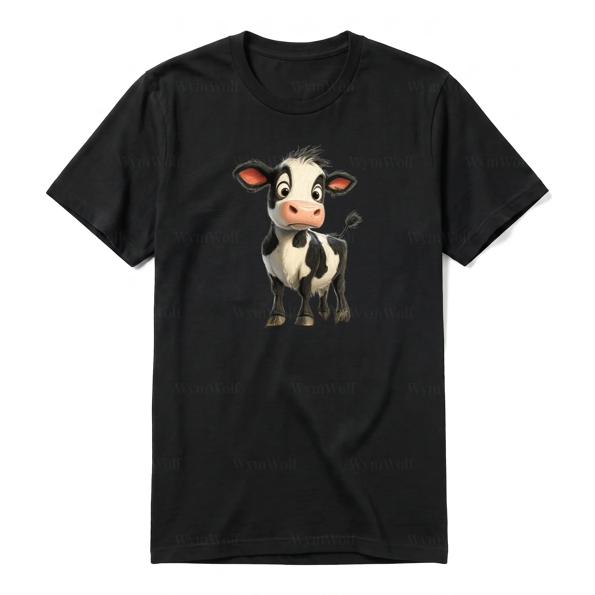 A black short-sleeve crewneck t-shirt for adult featuring a graphic of a farm animal on the front.