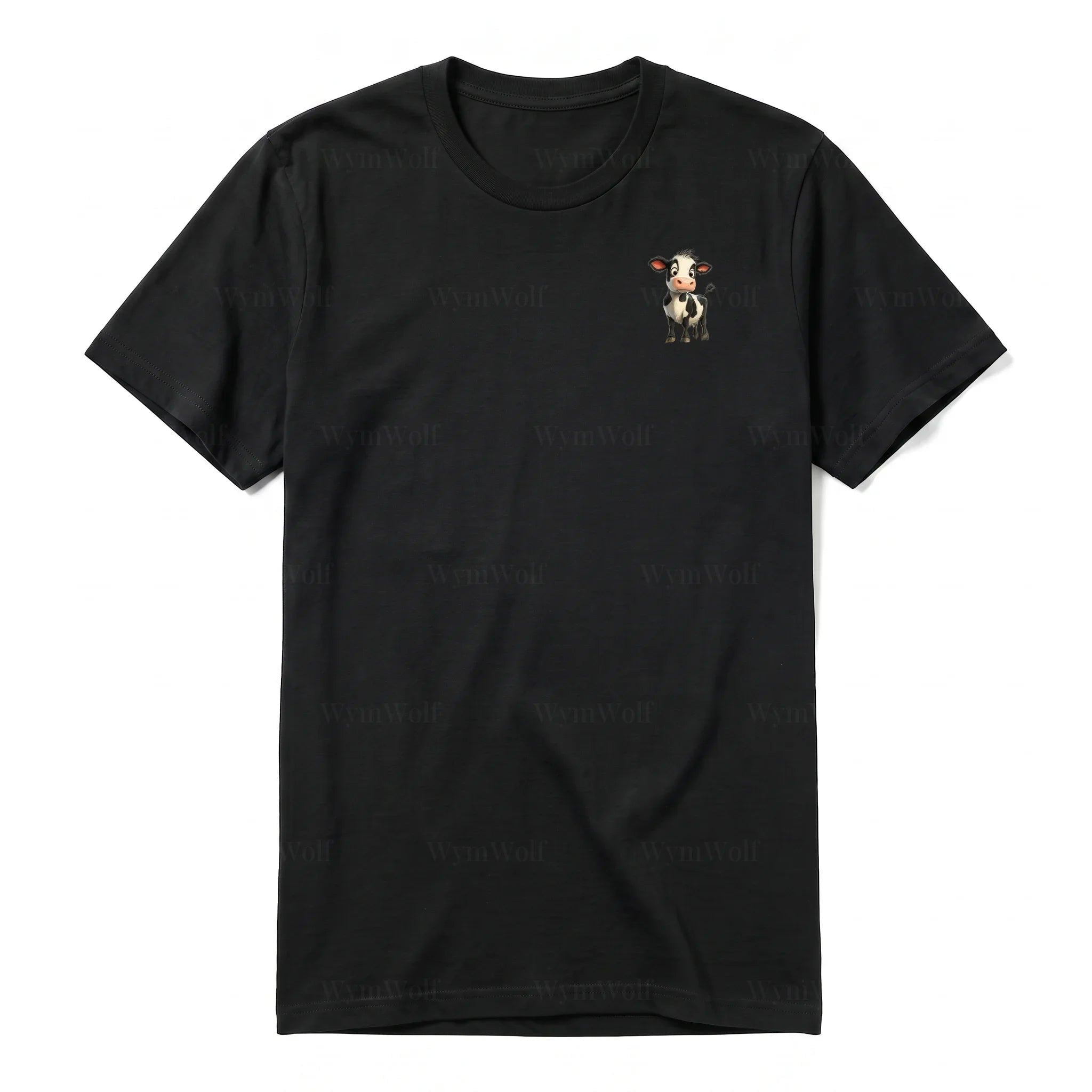A black short-sleeve crewneck t-shirt for adult featuring a graphic of a farm animal on the left chest.