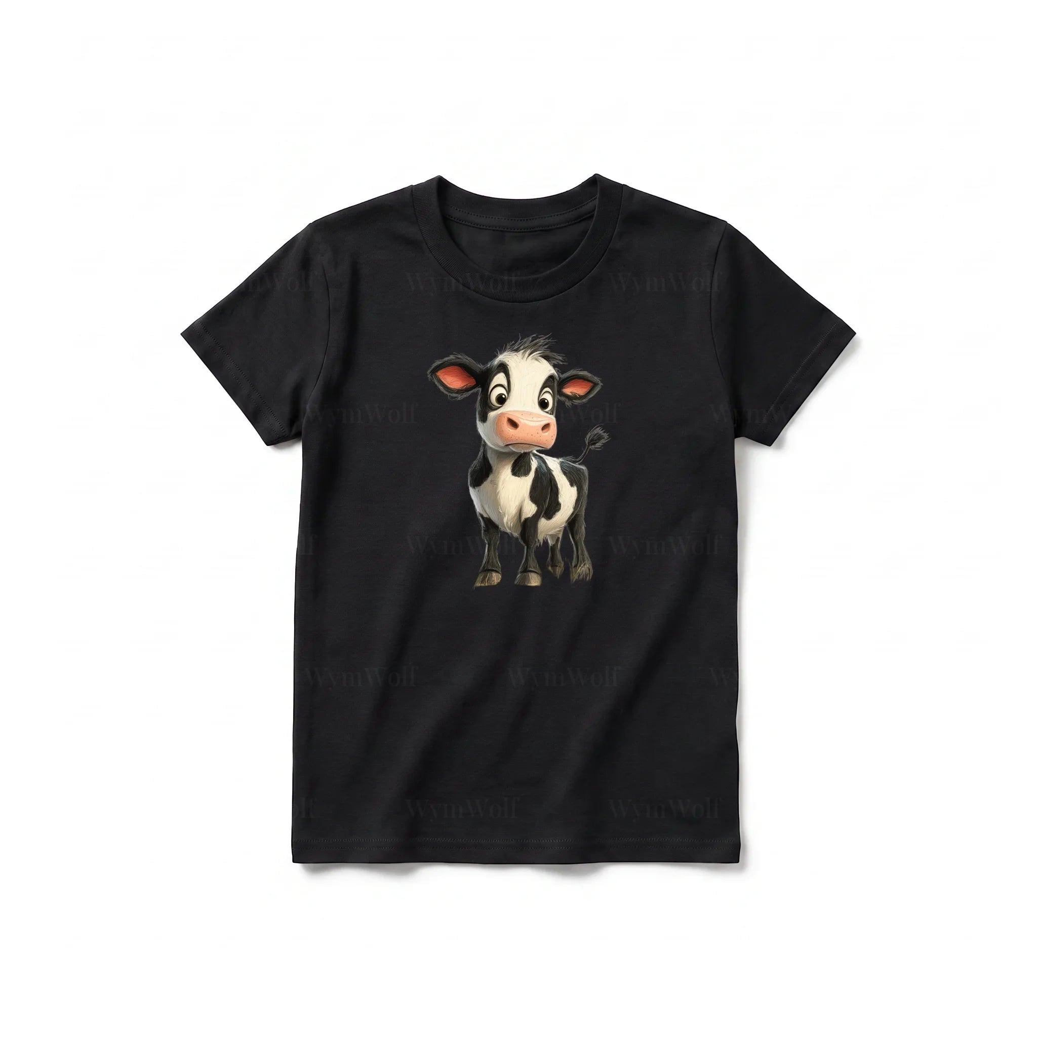 A black short-sleeve crewneck t-shirt for youth featuring a graphic of a farm animal on the front.