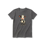 Un T-shirt charbon à manches courtes et col rond pour jeune, orné d'un motif représentant un animal de la ferme sur le devant.