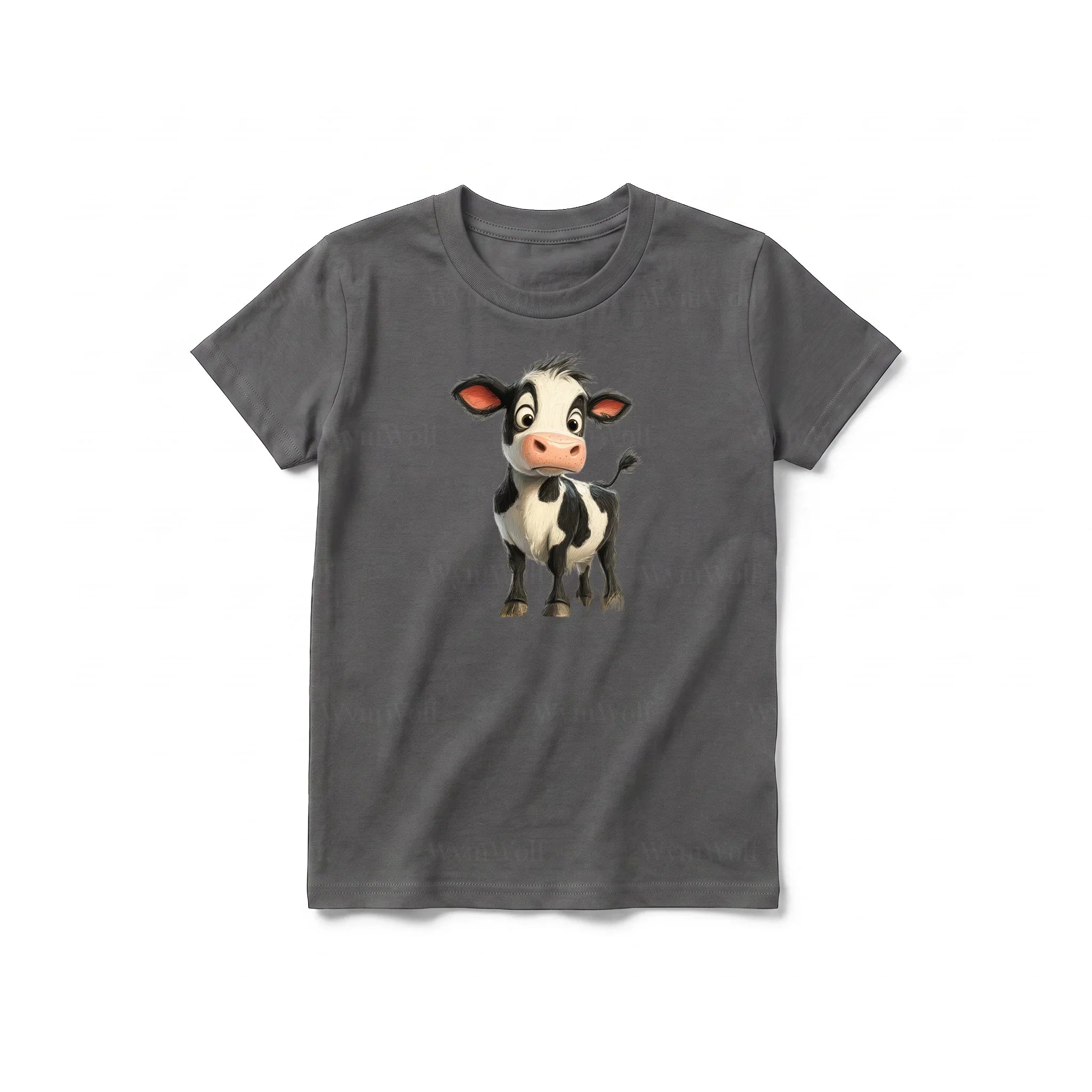 Un T-shirt charbon à manches courtes et col rond pour jeune, orné d'un motif représentant un animal de la ferme sur le devant.
