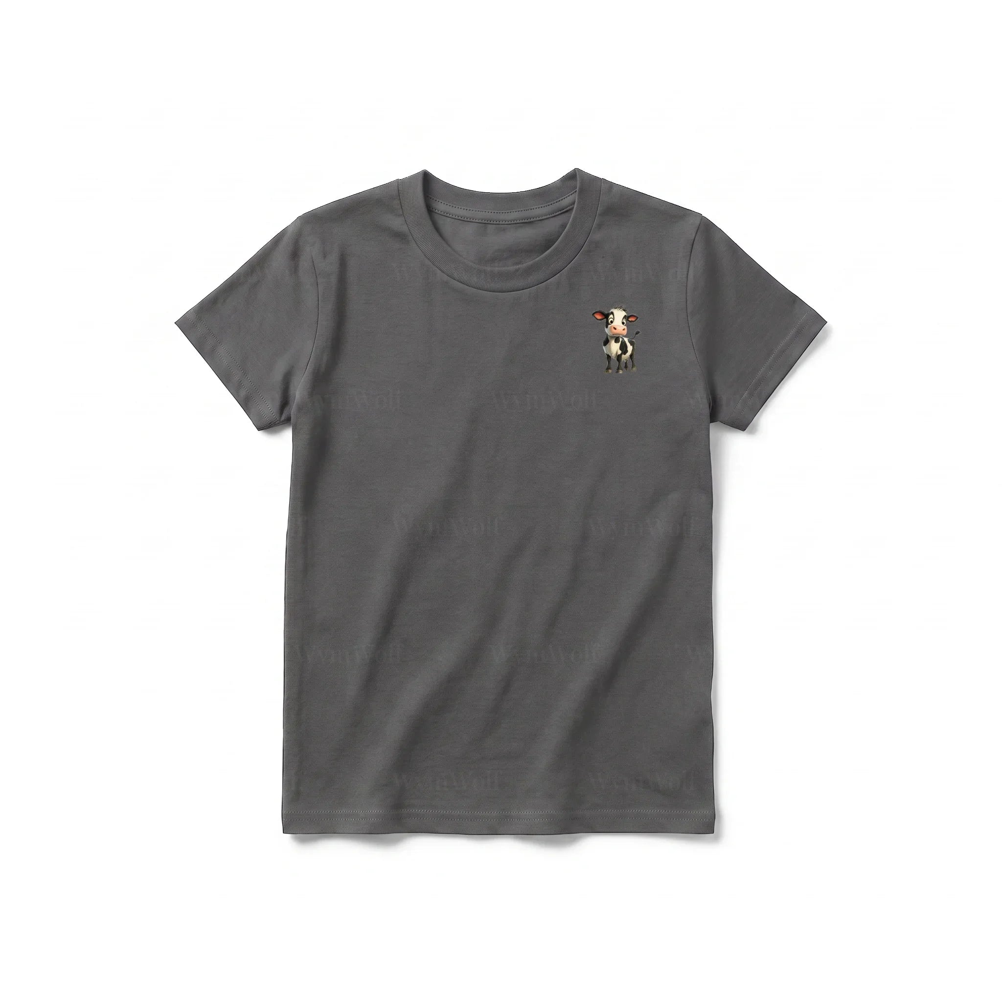 Un T-shirt charbon à manches courtes et col rond pour jeune, orné d'un motif représentant un animal de la ferme sur la poitrine gauche.