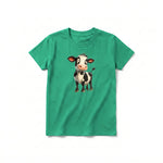 Un T-shirt kelly à manches courtes et col rond pour jeune, orné d'un motif représentant un animal de la ferme sur le devant.